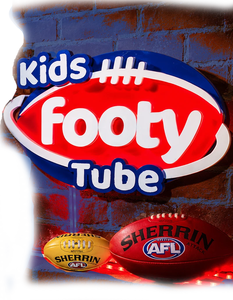 Kids Footy Tube clubhouse sign with footballs